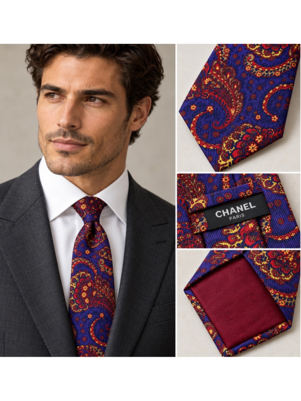 Chanel Vintage Paisley Silk Tie Blue and Red